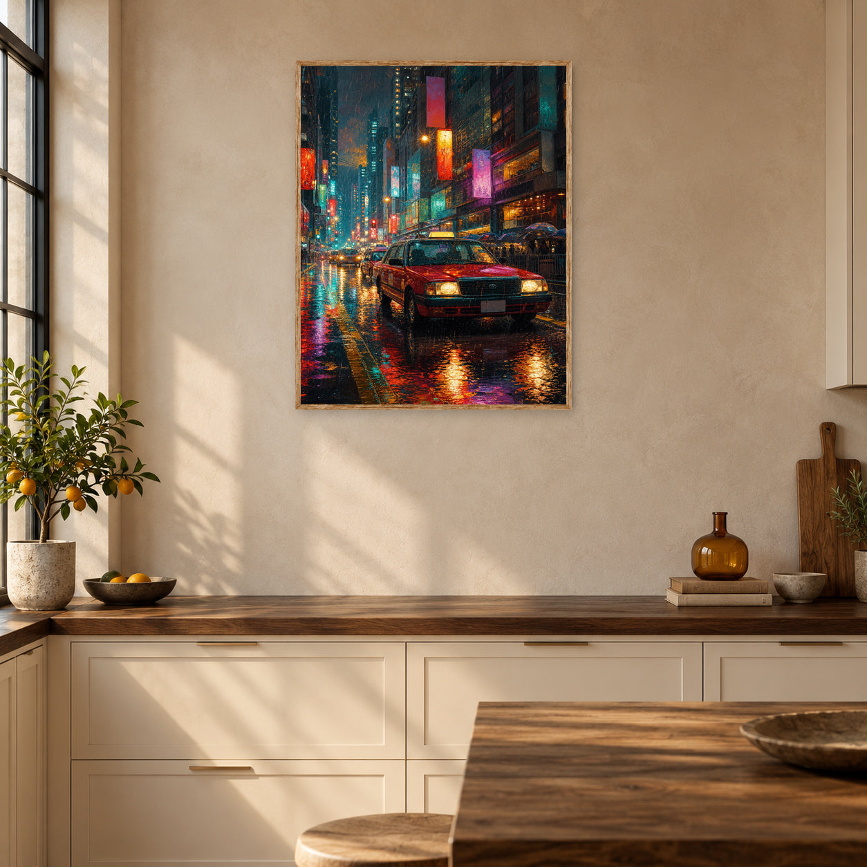 Neon Taxi Rain Street Wall Art Print room mockup 2