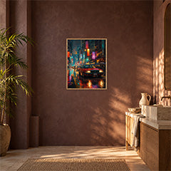 Neon Taxi Rain Street Wall Art Print poster room mockup 3