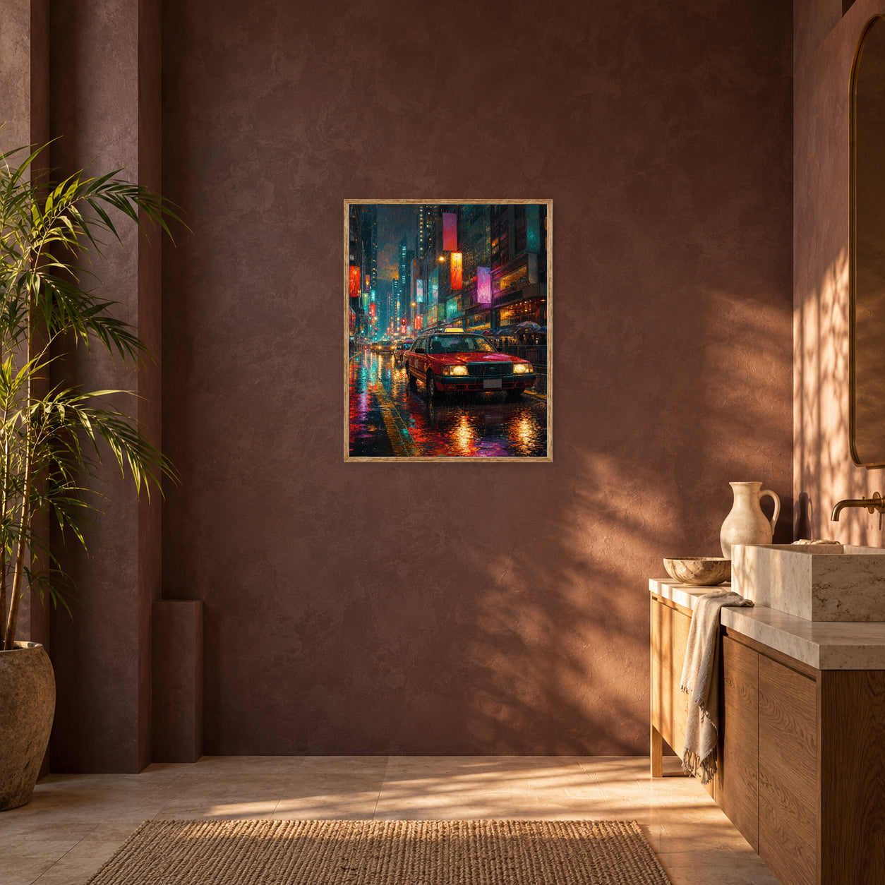 Neon Taxi Rain Street Wall Art Print poster room mockup 3