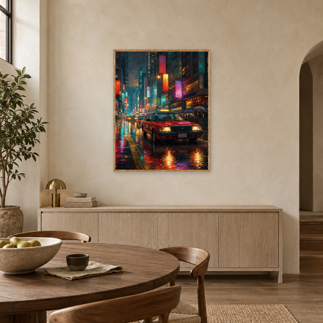 Neon Taxi Rain Street Wall Art Print poster room mockup 4