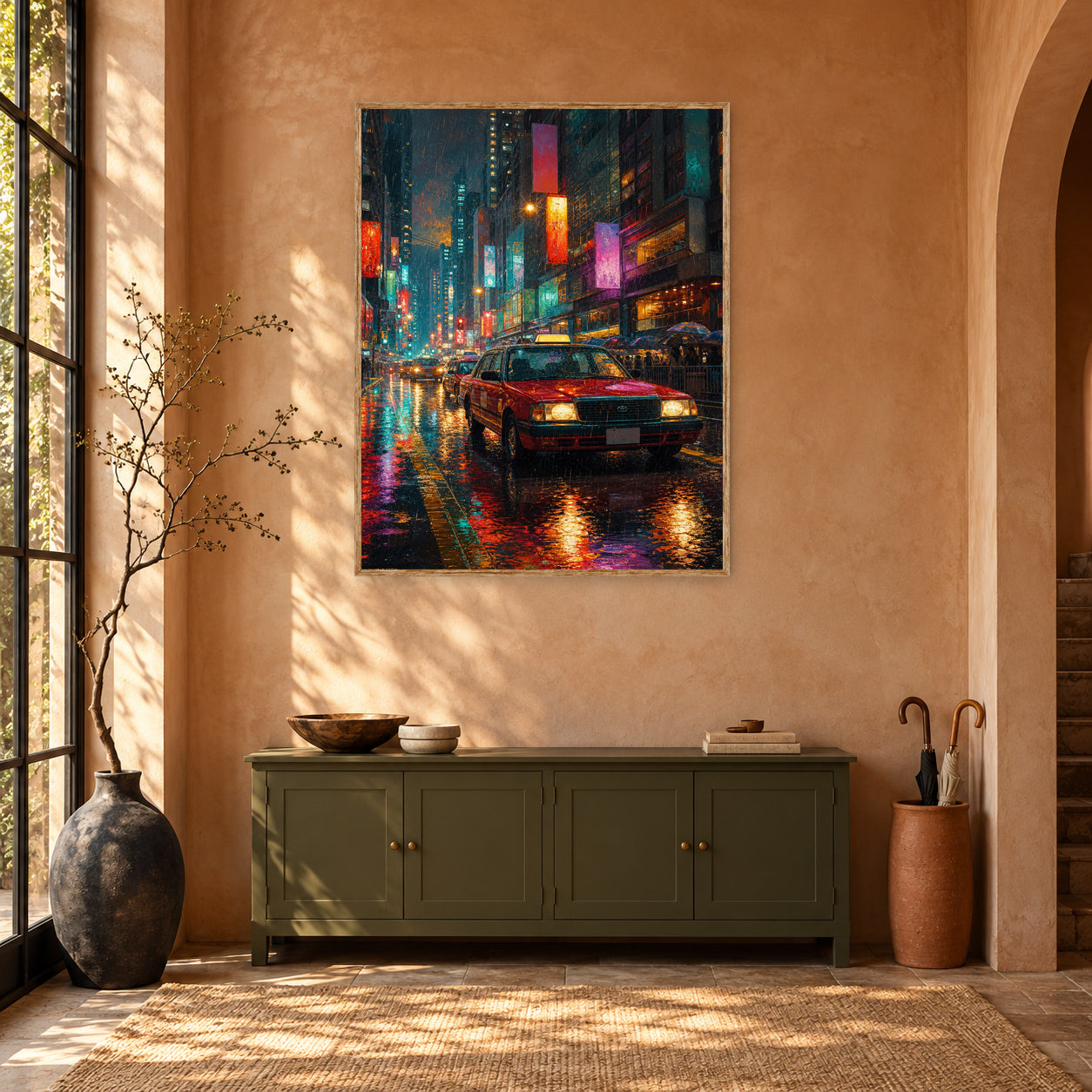 Neon Taxi Rain Street Wall Art Print poster room mockup 5