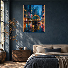 Neon Bus Rain Avenue Wall Art Print poster room mockup 2