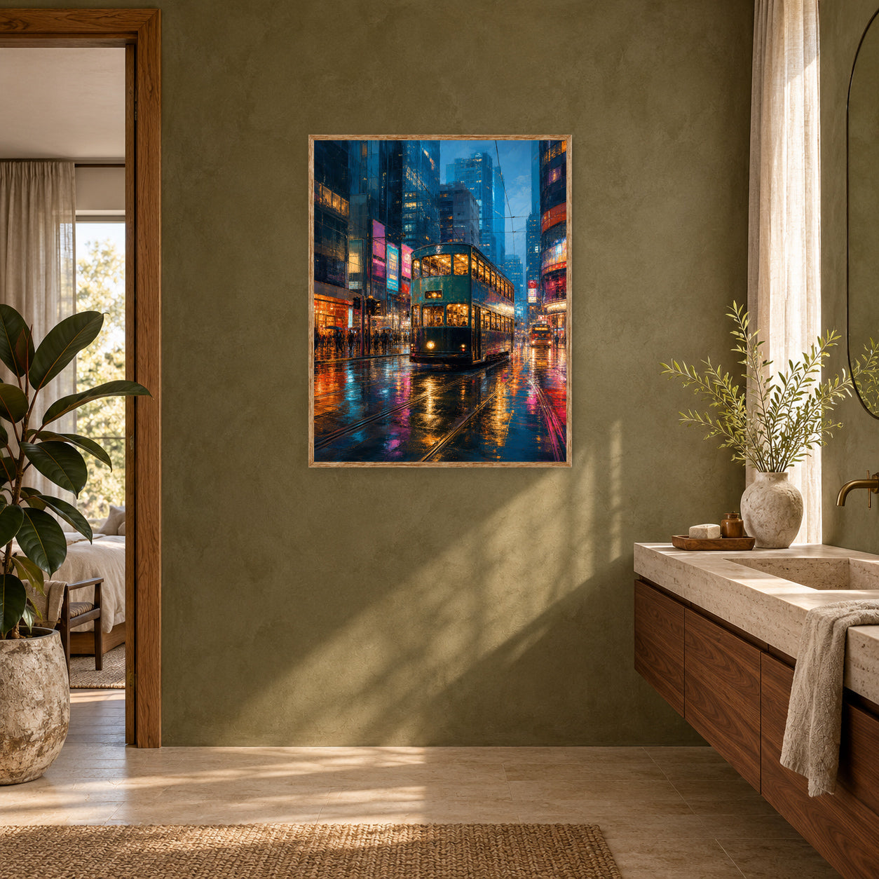 Neon Bus Rain Avenue Wall Art Print poster room mockup 4