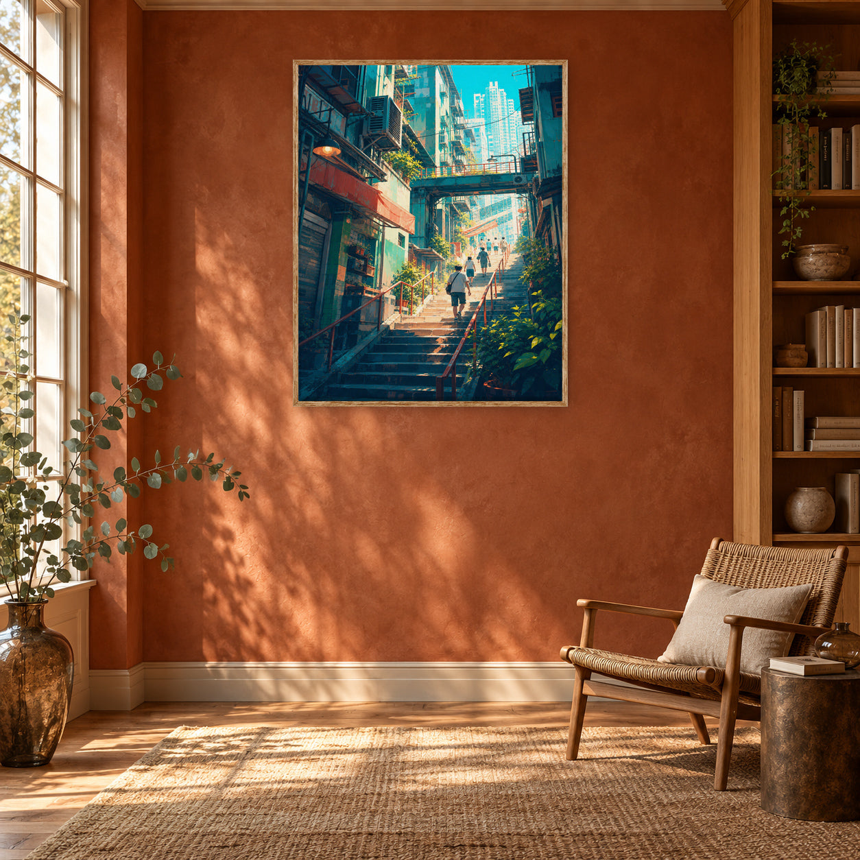 Hong Kong Sunlit Stairway Market Wall Art Print poster room mockup 2