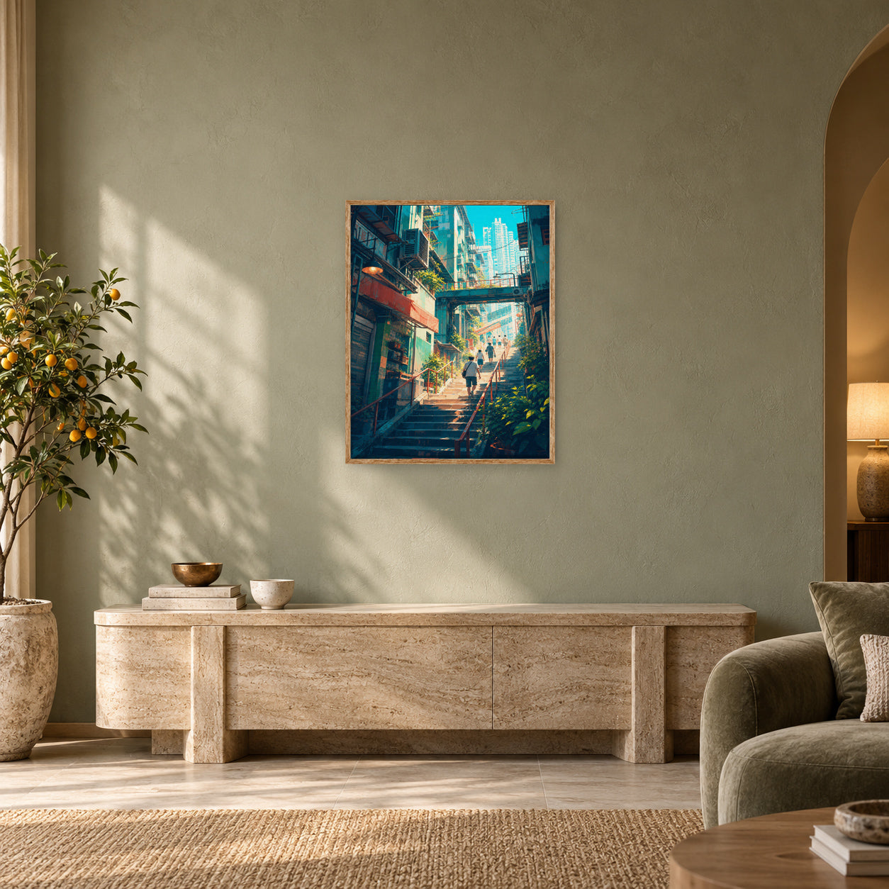 Hong Kong Sunlit Stairway Market Wall Art Print poster room mockup 3