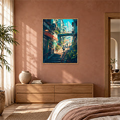 Hong Kong Sunlit Stairway Market Wall Art Print poster room mockup 4