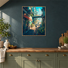Hong Kong Sunlit Stairway Market Wall Art Print poster room mockup 5