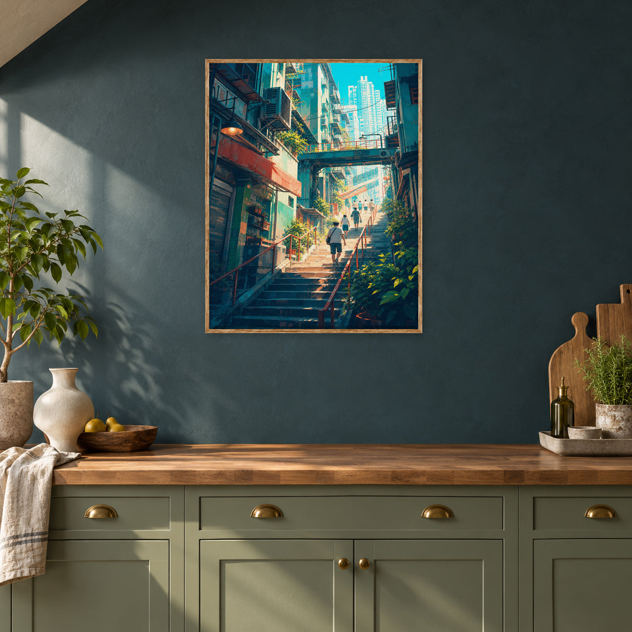 Hong Kong Sunlit Stairway Market Wall Art Print poster room mockup 5