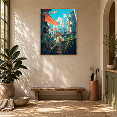 Hong Kong Red Awning Stair Street Wall Art Print poster room mockup 2