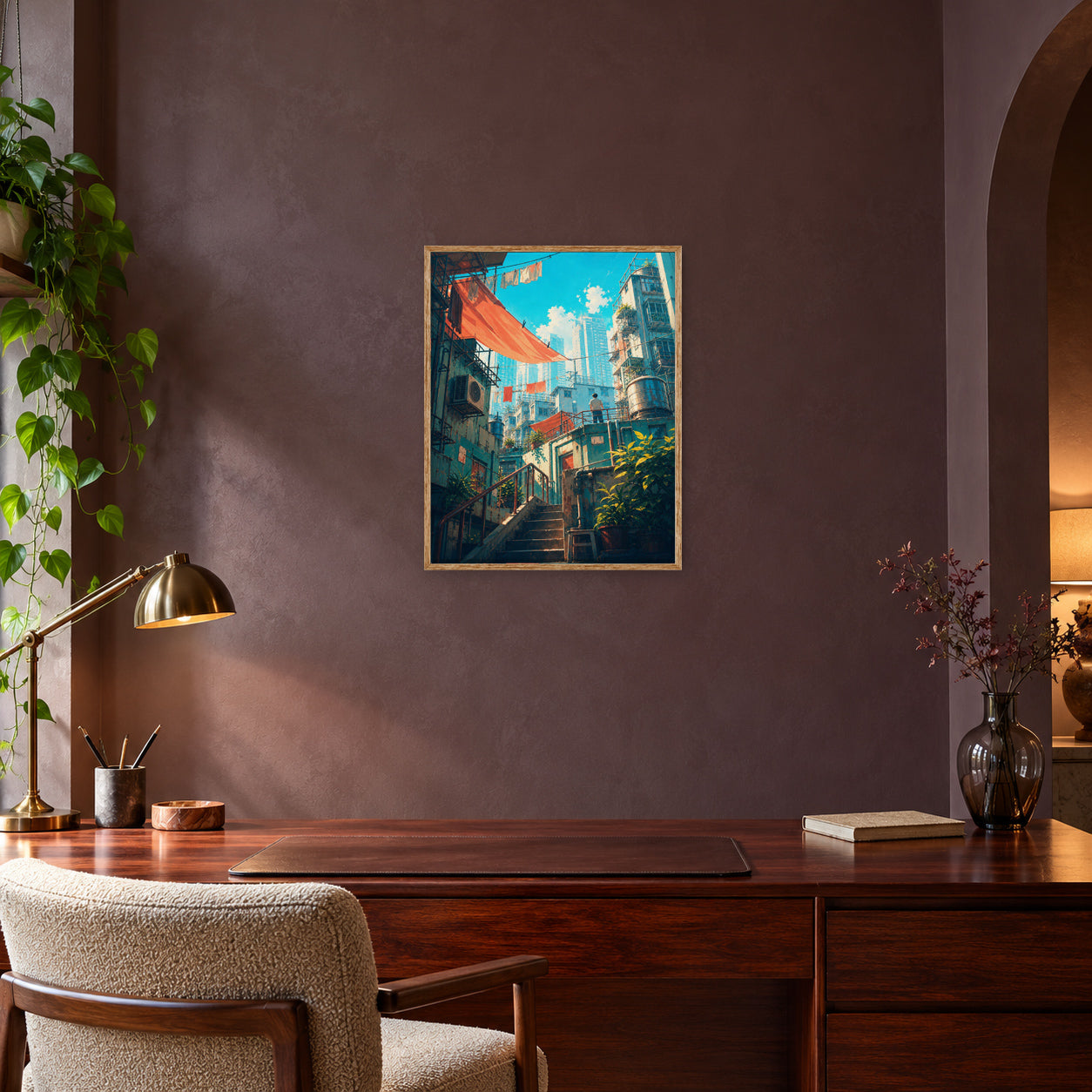 Hong Kong Red Awning Stair Street Wall Art Print poster room mockup 3