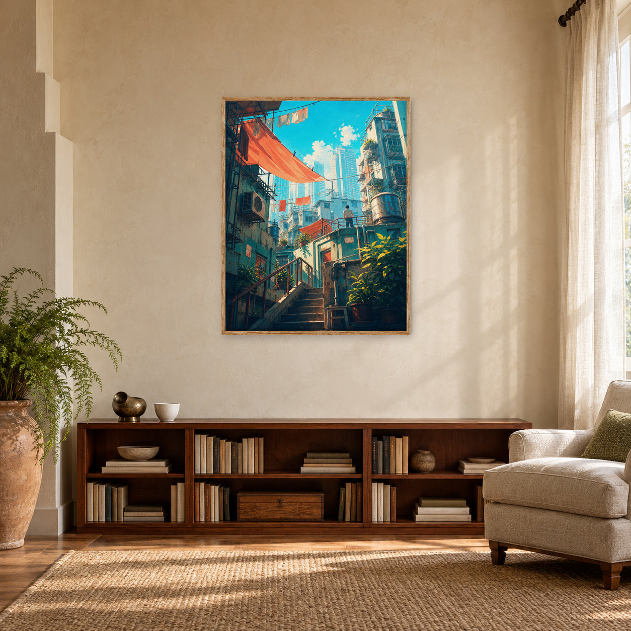 Hong Kong Red Awning Stair Street Wall Art Print poster room mockup 4
