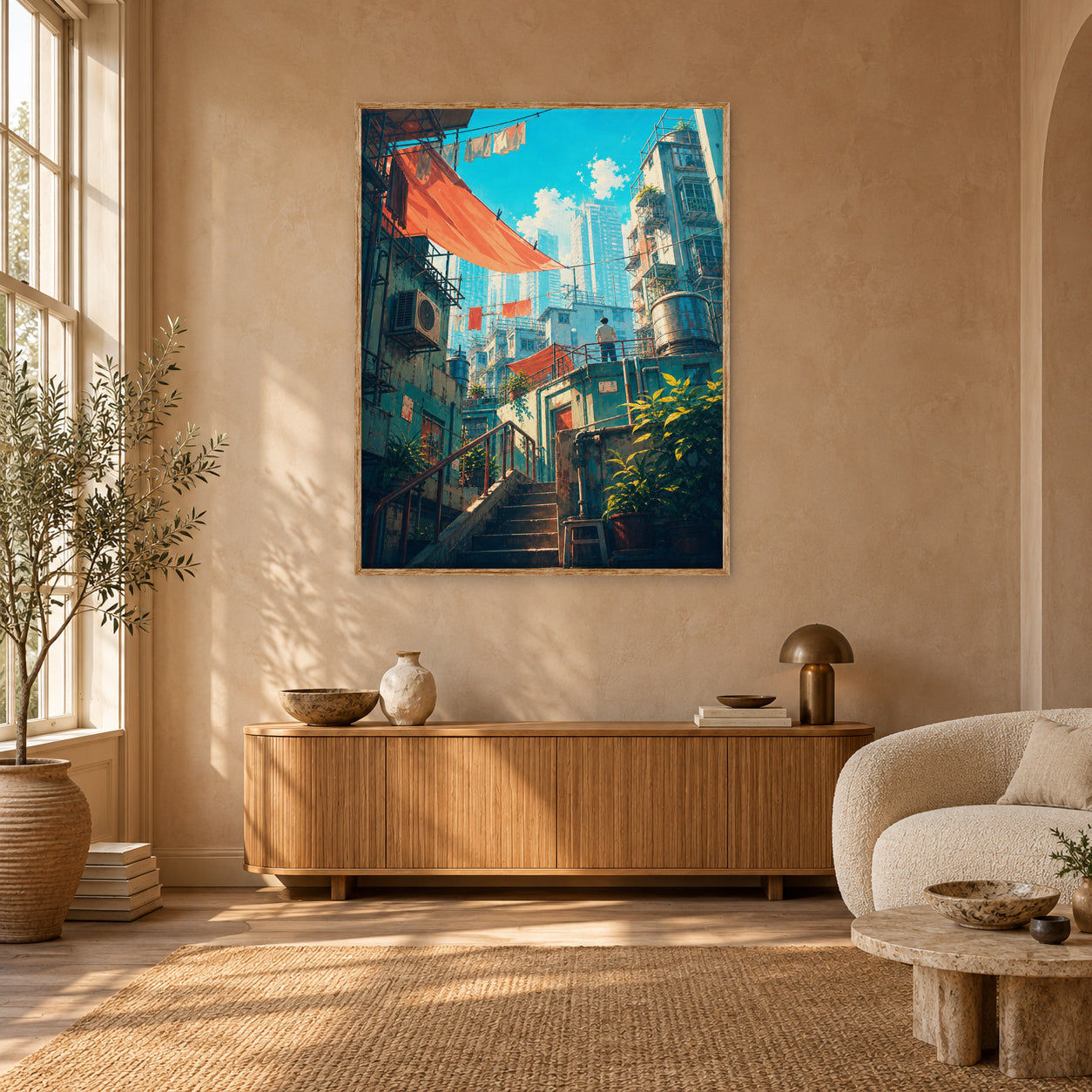 Hong Kong Red Awning Stair Street Wall Art Print poster room mockup 5