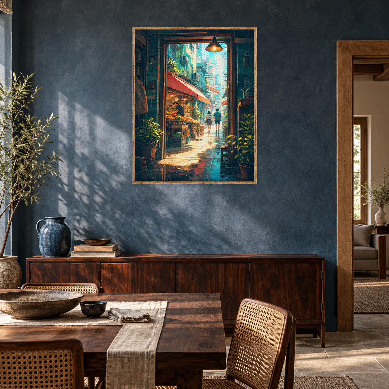 Hong Kong Teahouse Alley Sunbeam Wall Art Print poster room mockup 2