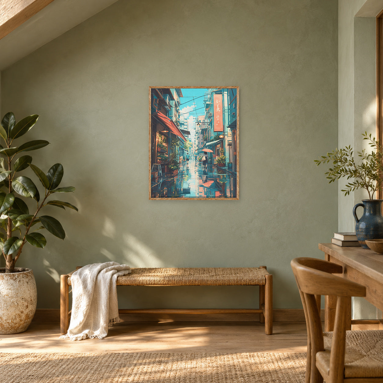 Hong Kong Blue Rain Market Alley Wall Art Print poster room mockup 3