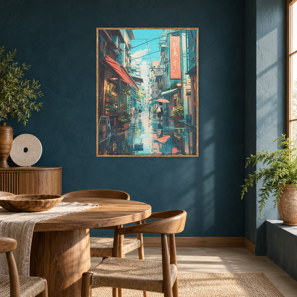 Hong Kong Blue Rain Market Alley Wall Art Print poster room mockup 5