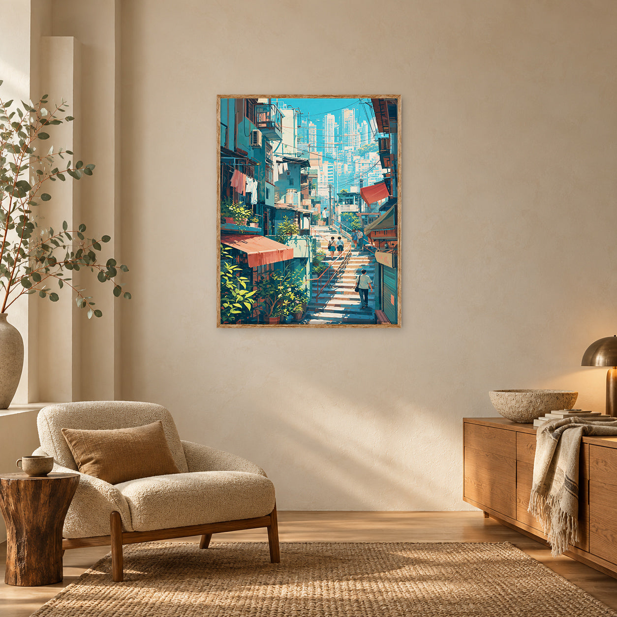 Hong Kong Hillside Stairway Skyline Wall Art Print poster room mockup 4