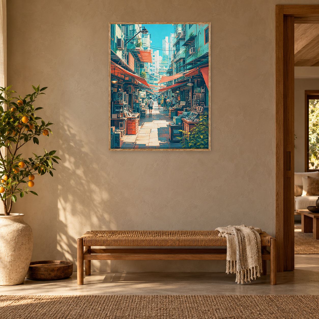 Hong Kong Red Awning Market Lane Wall Art Print room mockup 2