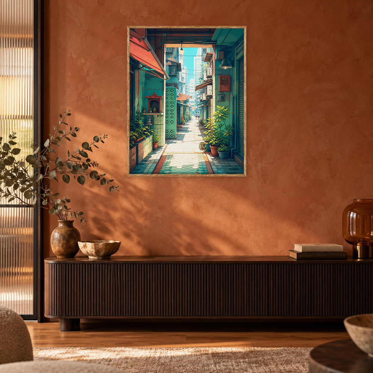 Hong Kong Sunlit Doorway Lane Wall Art Print room mockup 2