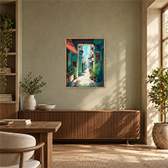 Hong Kong Sunlit Doorway Lane Wall Art Print poster room mockup 3