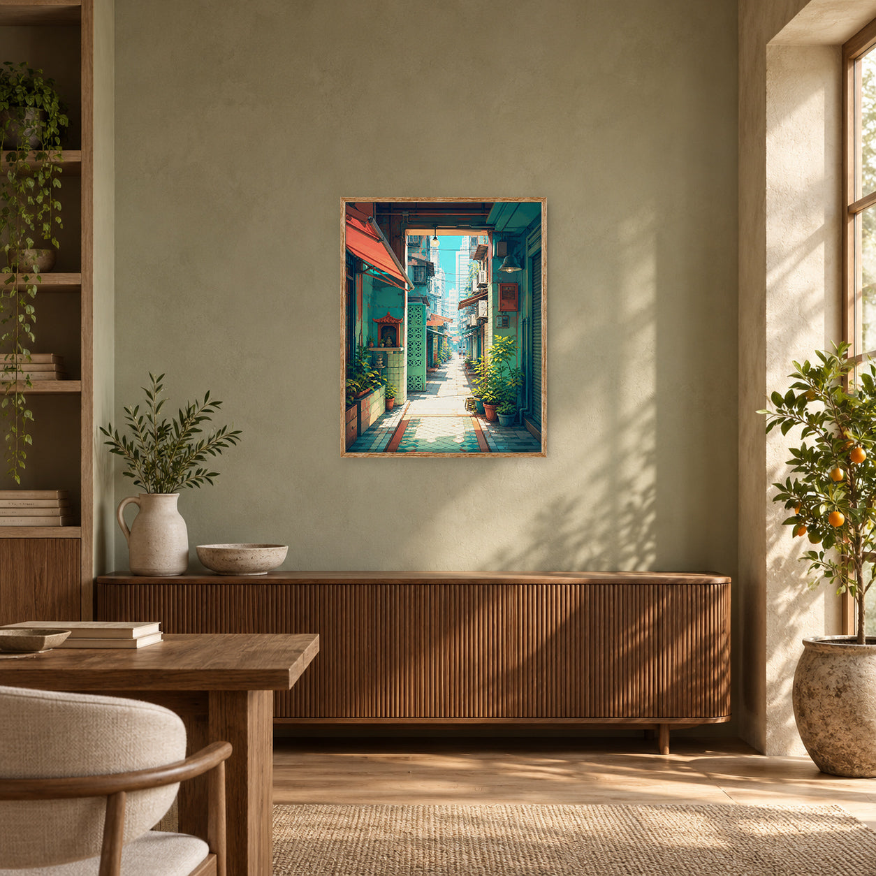 Hong Kong Sunlit Doorway Lane Wall Art Print poster room mockup 3