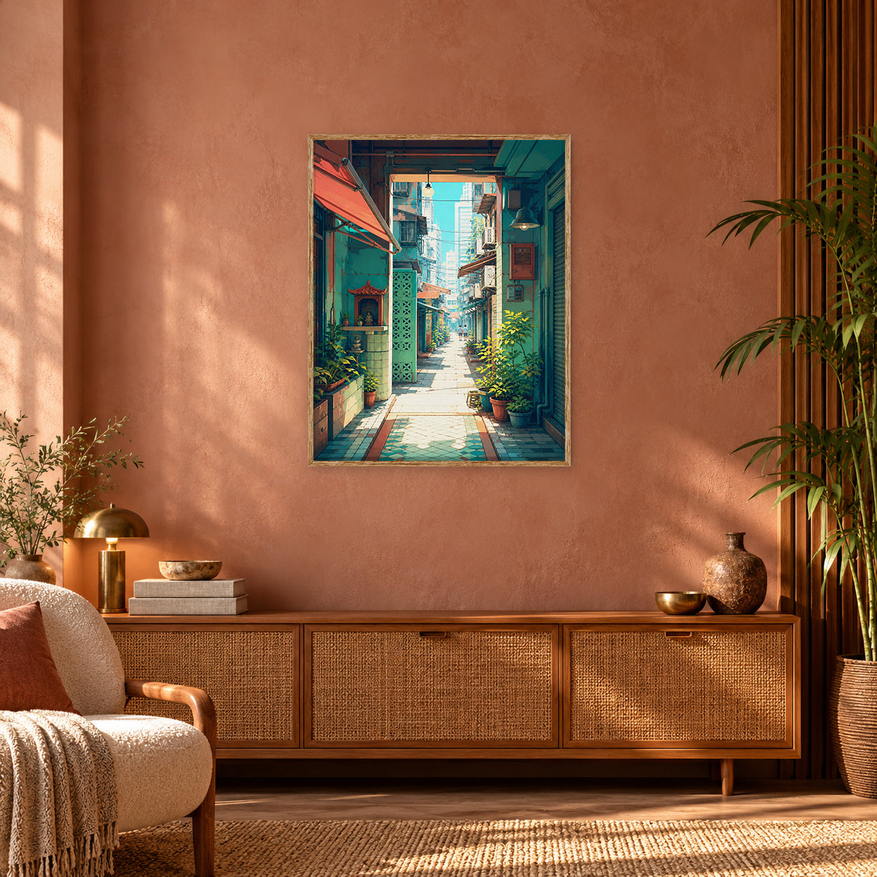 Hong Kong Sunlit Doorway Lane Wall Art Print poster room mockup 4