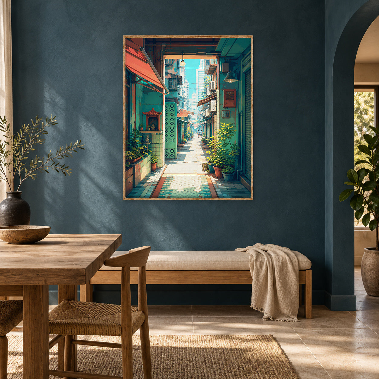 Hong Kong Sunlit Doorway Lane Wall Art Print poster room mockup 5