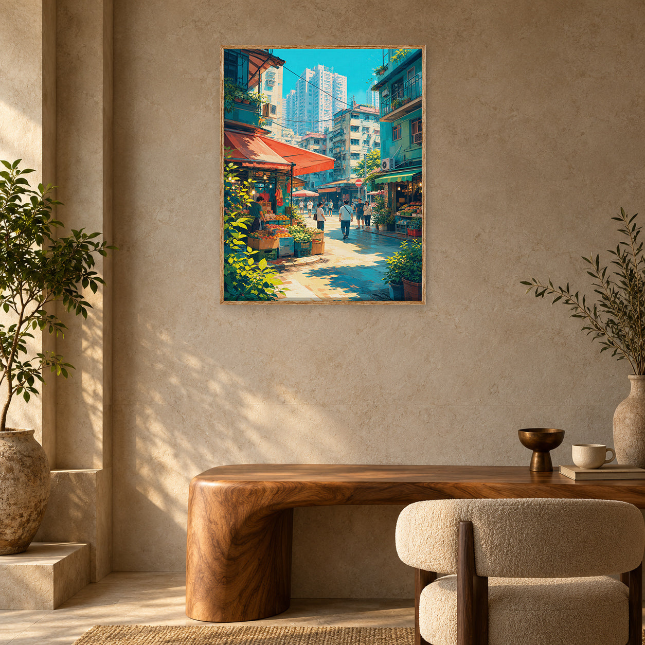 Hong Kong Sunlit Market Cafe Wall Art Print room mockup 2