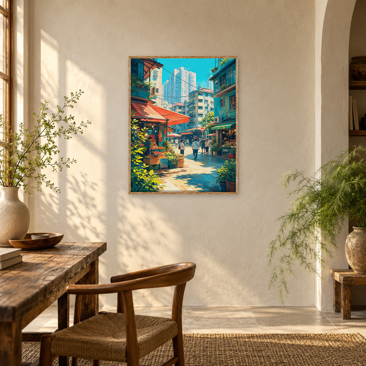 Hong Kong Sunlit Market Cafe Wall Art Print poster room mockup 4