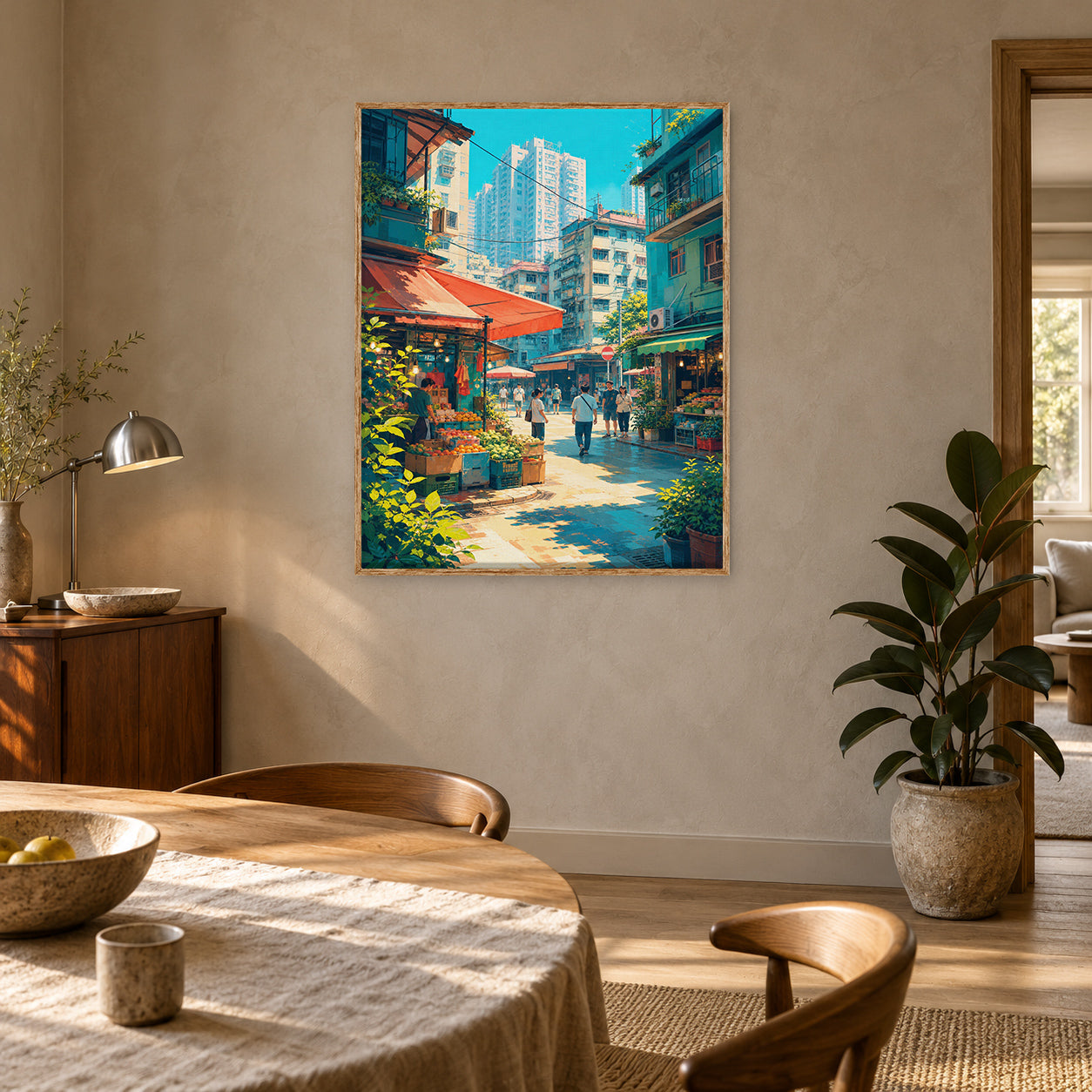 Hong Kong Sunlit Market Cafe Wall Art Print poster room mockup 5