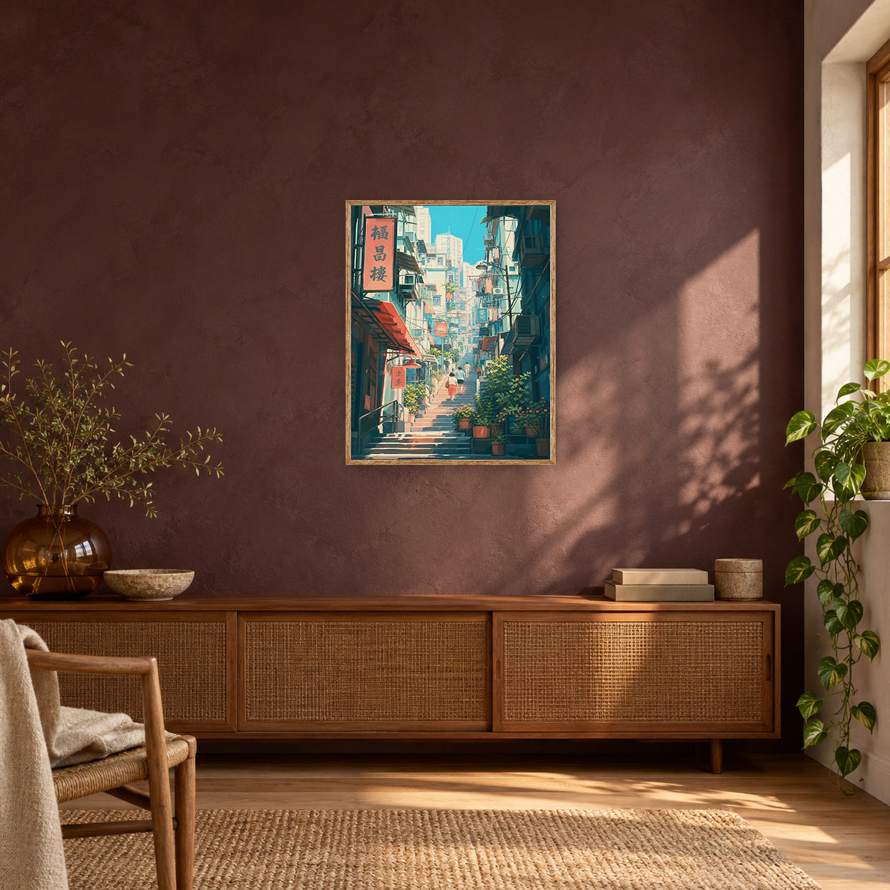 Hong Kong Signboard Stair Alley Wall Art Print poster room mockup 3