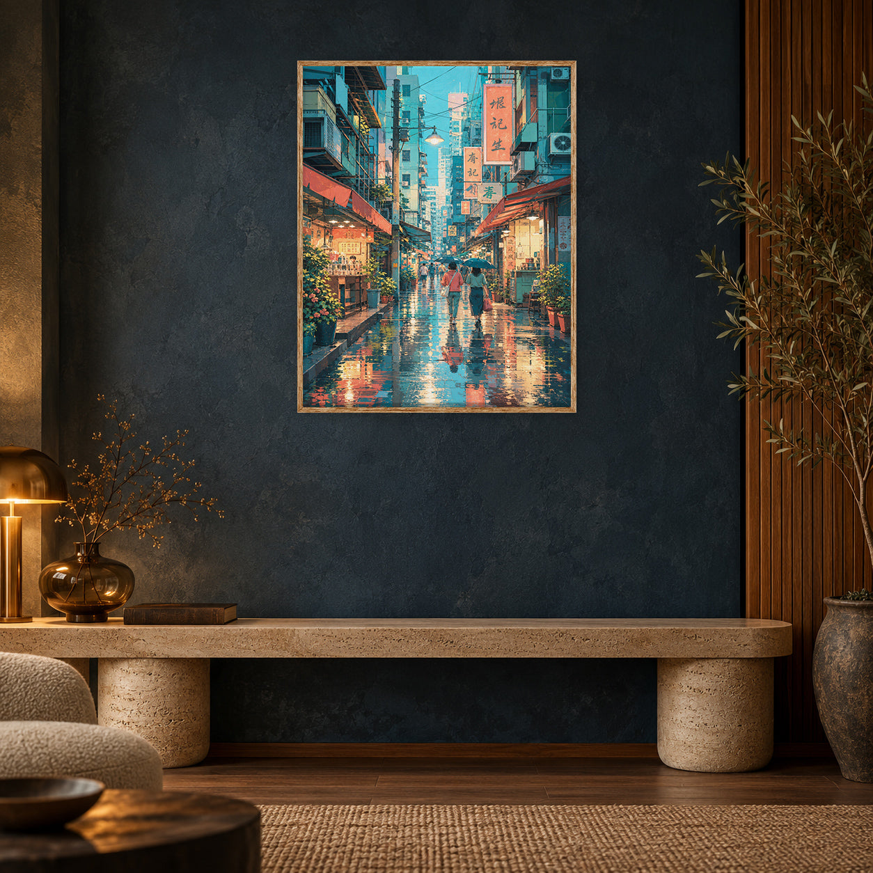 Hong Kong Rainy Market Alley Night Wall Art Print poster room mockup 2