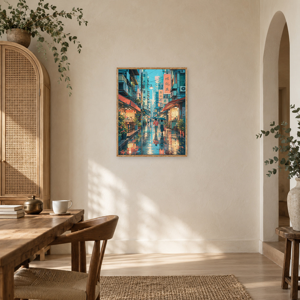 Hong Kong Rainy Market Alley Night Wall Art Print poster room mockup 3