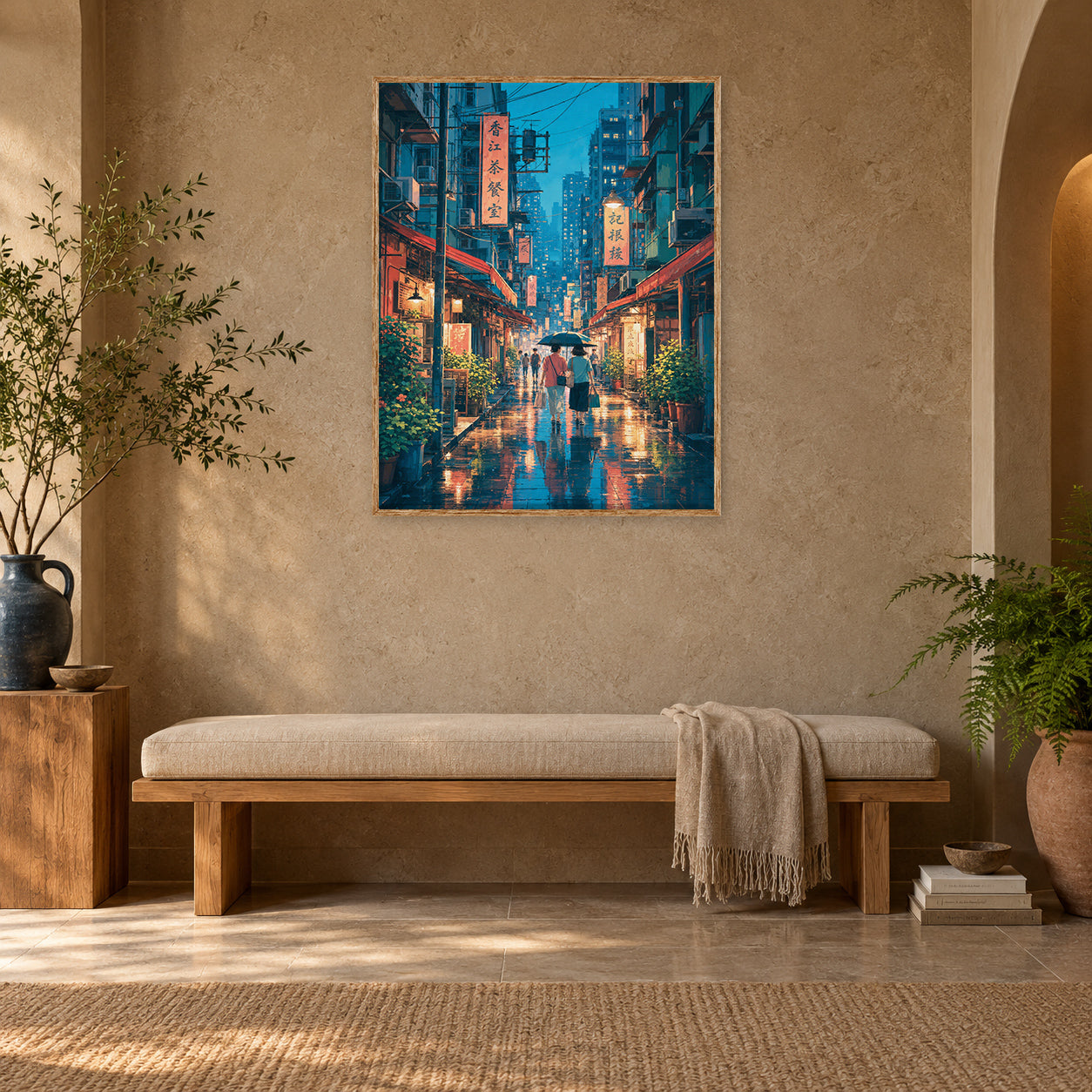 Hong Kong Rainy Lantern Lane Wall Art Print room mockup 2