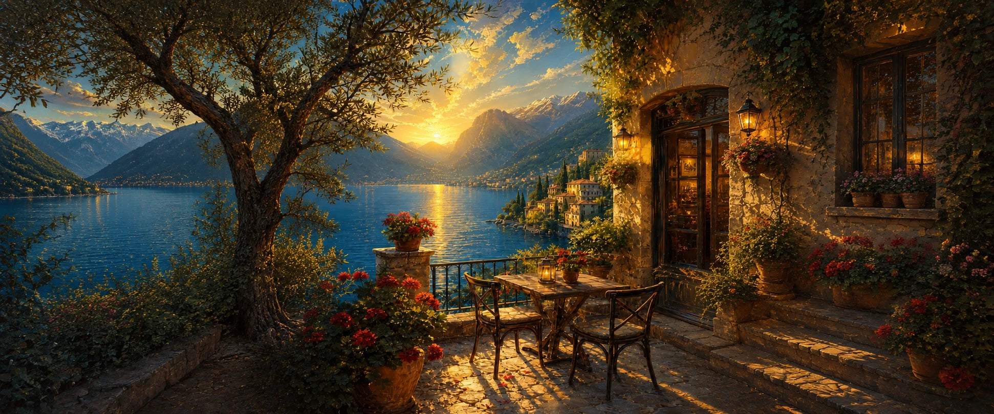 Lámina de terraza al atardecer en el lago de Como