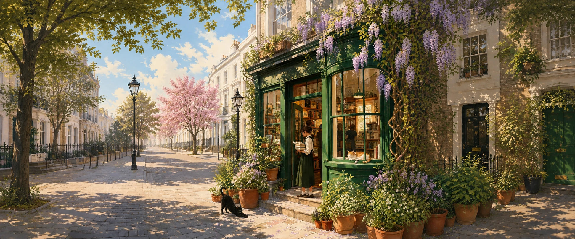 Lámina de librería con glicinas en Notting Hill