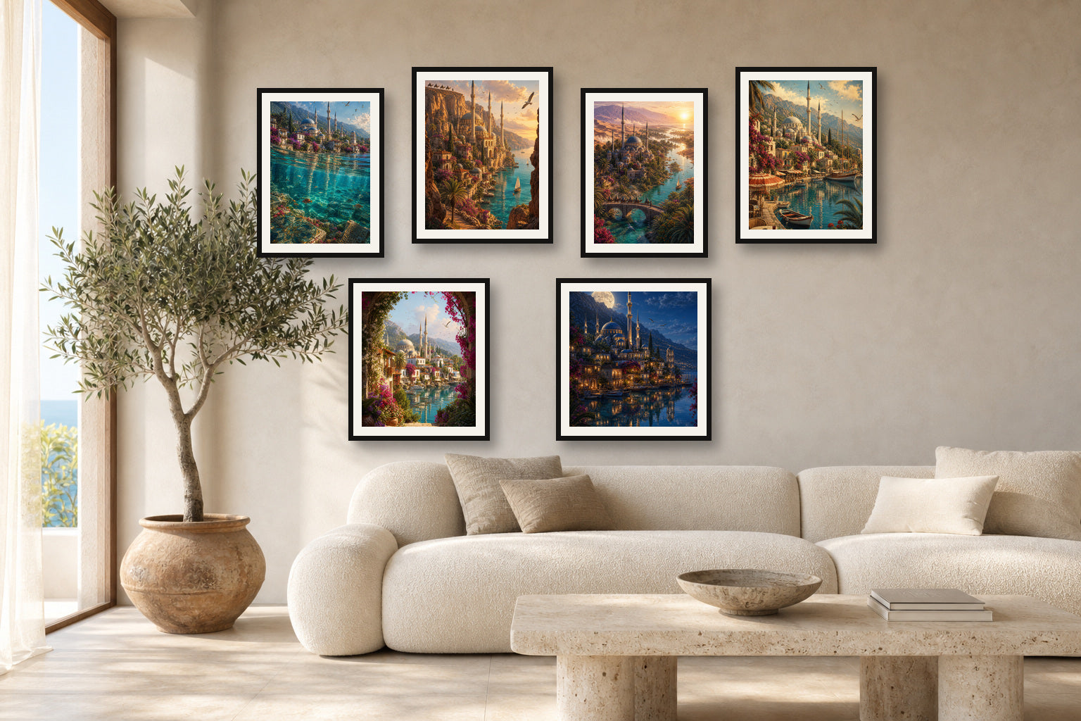 Aegean Sun gallery wall room mockup with framed Seji art prints