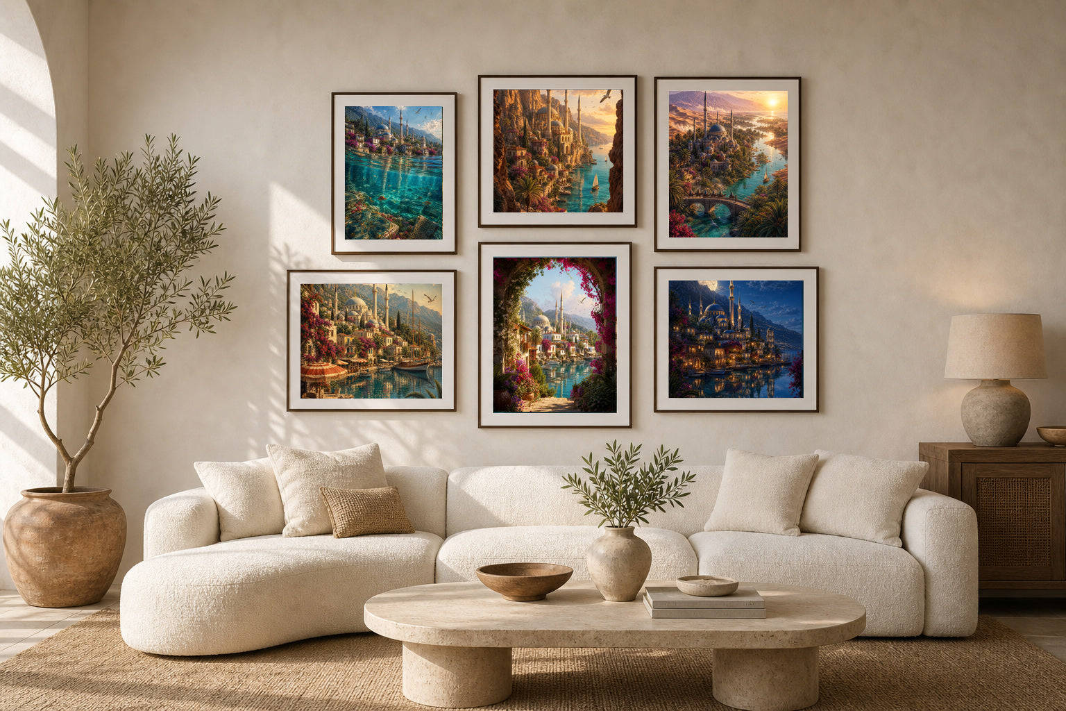 Aegean Sun gallery wall room mockup with framed Seji art prints