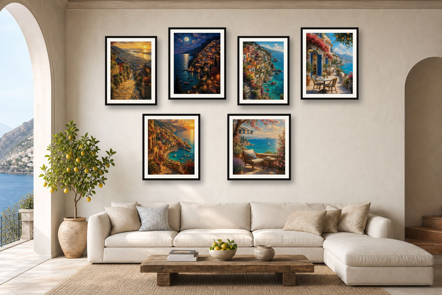 Amalfi Golden Hour gallery wall room mockup with framed Seji art prints