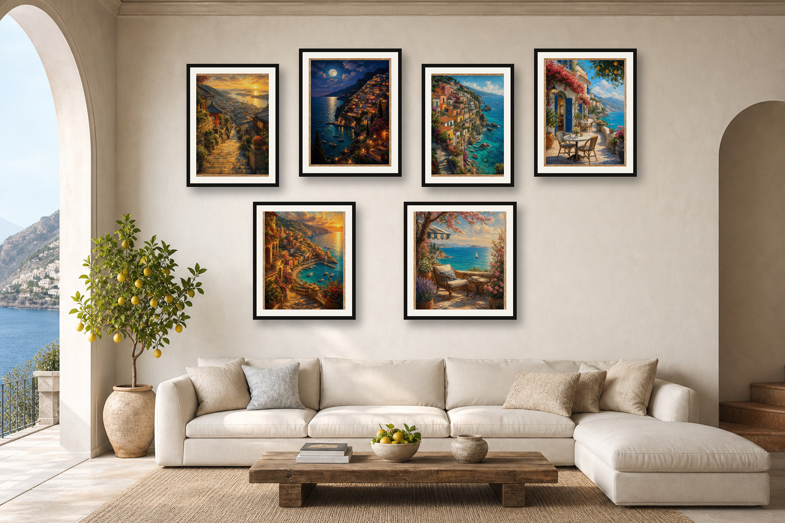 Amalfi Golden Hour gallery wall room mockup with framed Seji art prints