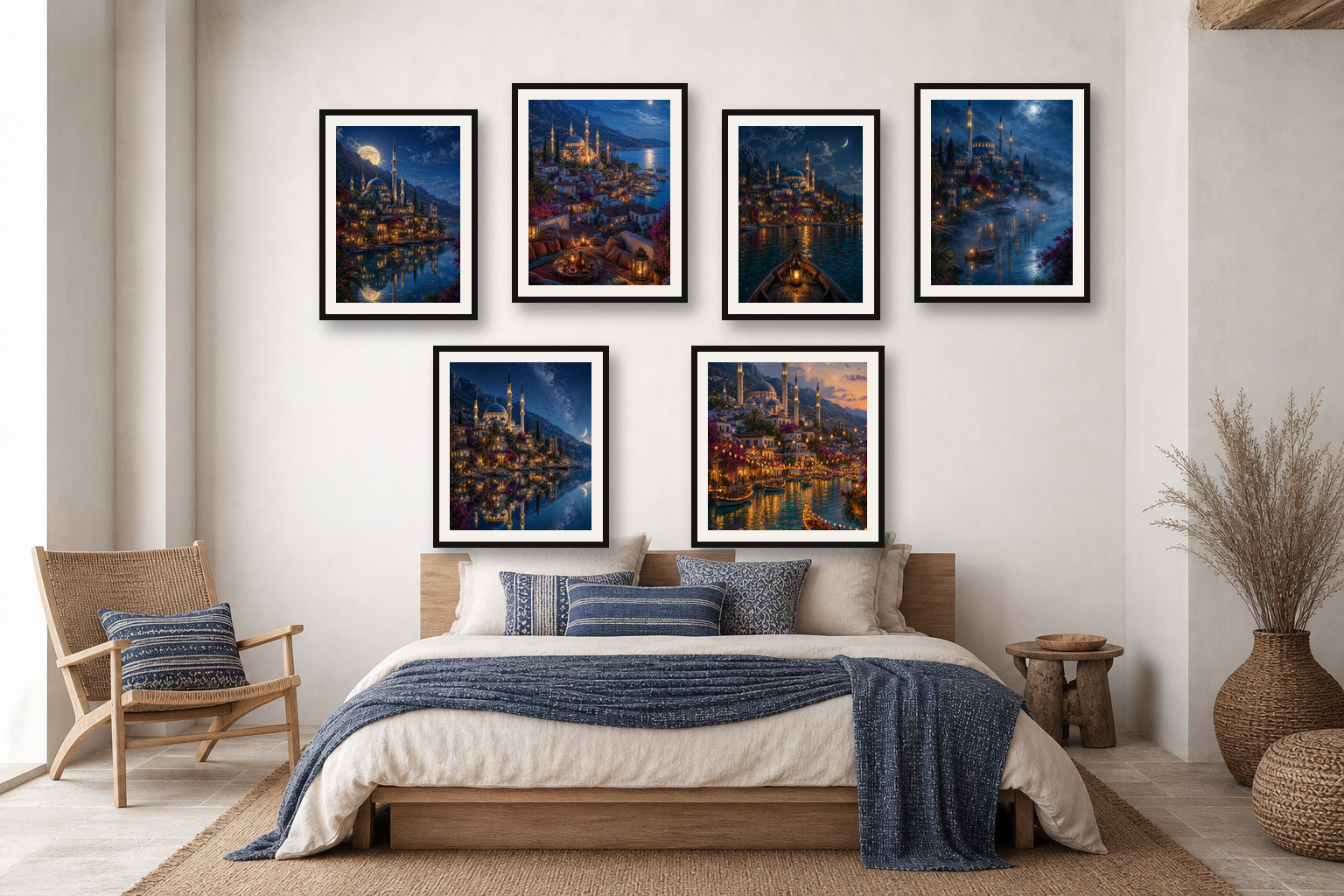 Bodrum After Dark gallery wall room mockup with framed Seji art prints