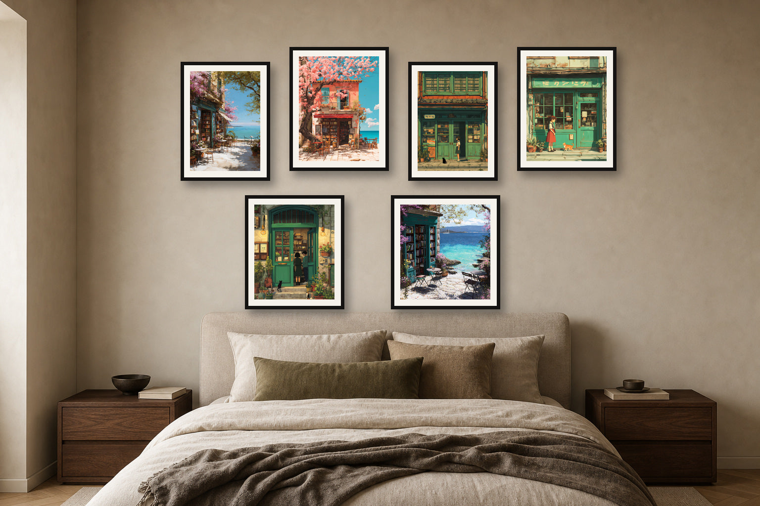 Bookshop Afternoon gallery wall room mockup with framed Seji art prints