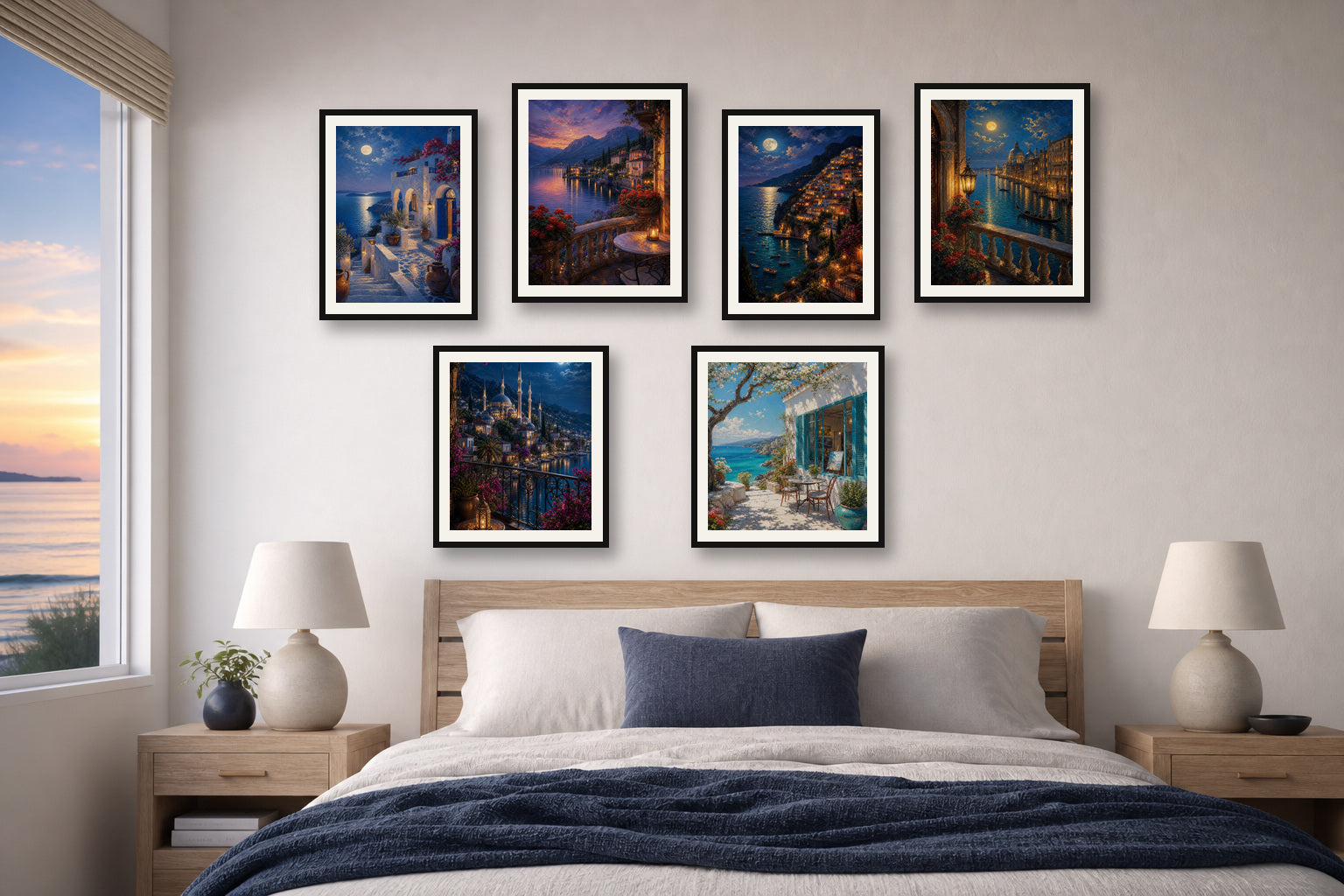 Coastal Blue Hour Bedroom gallery wall room mockup with framed Seji art prints
