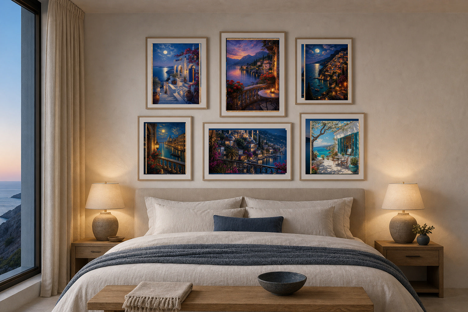 Coastal Blue Hour Bedroom gallery wall room mockup with framed Seji art prints