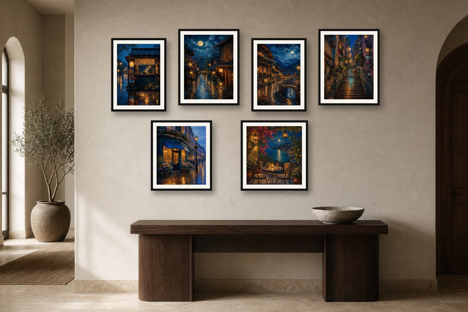 Europe After Rain gallery wall room mockup with framed Seji art prints
