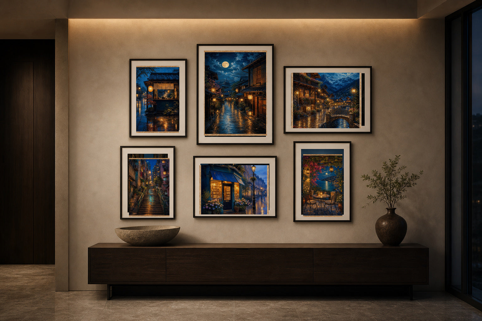 Europe After Rain gallery wall room mockup with framed Seji art prints