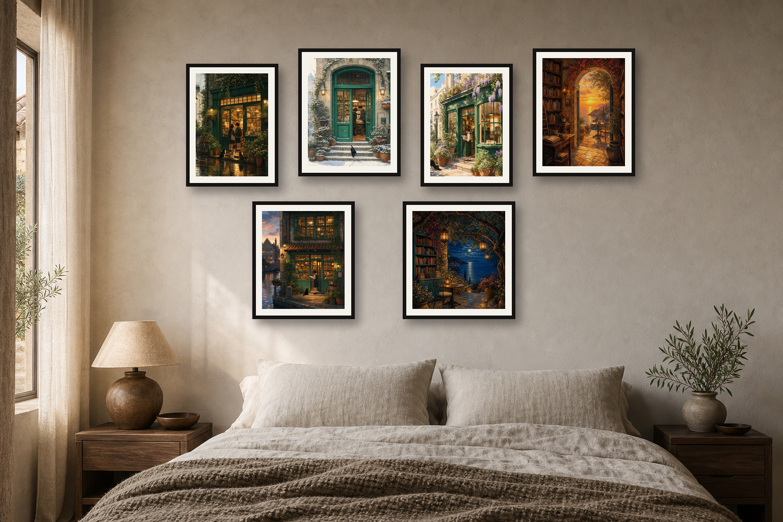 European Bookshop Bedroom gallery wall room mockup with framed Seji art prints