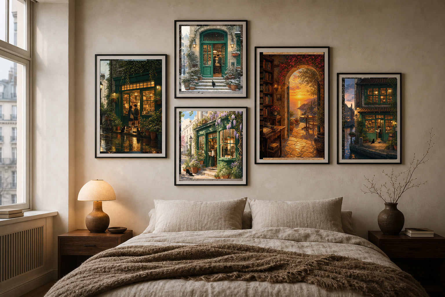 European Bookshop Bedroom gallery wall room mockup with framed Seji art prints