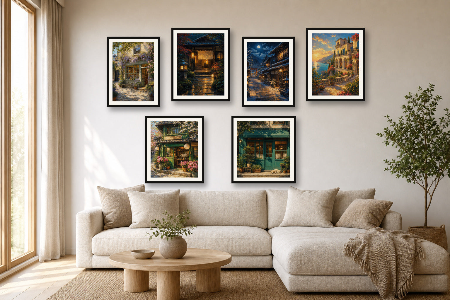 Garden Quiet gallery wall room mockup with framed Seji art prints