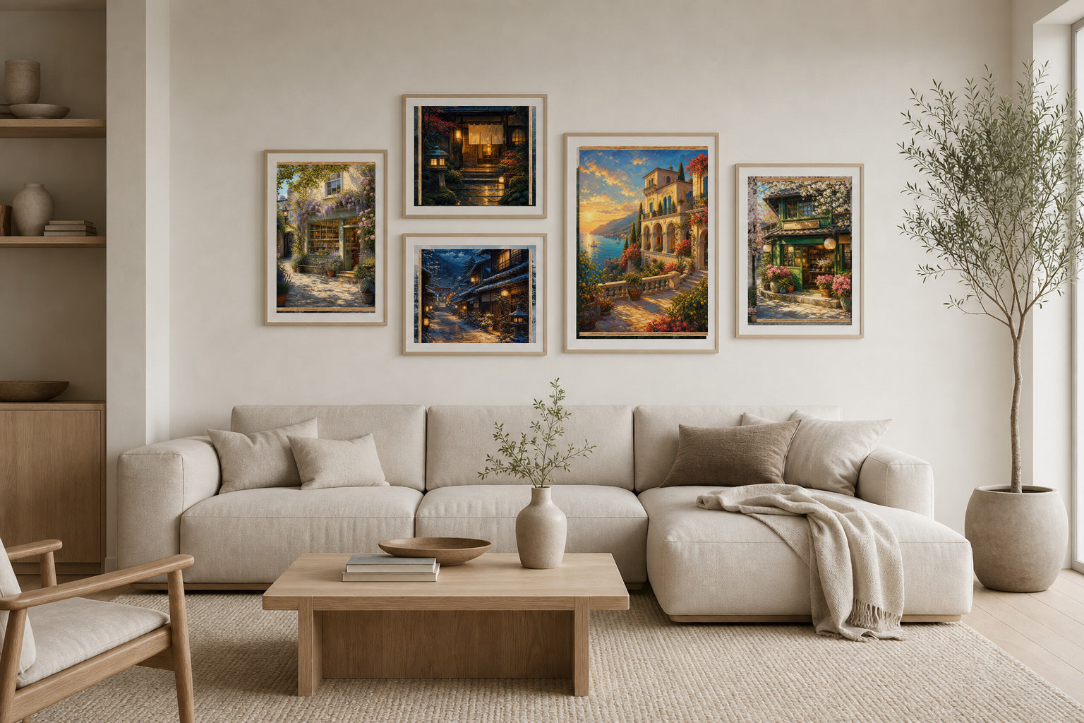 Garden Quiet gallery wall room mockup with framed Seji art prints