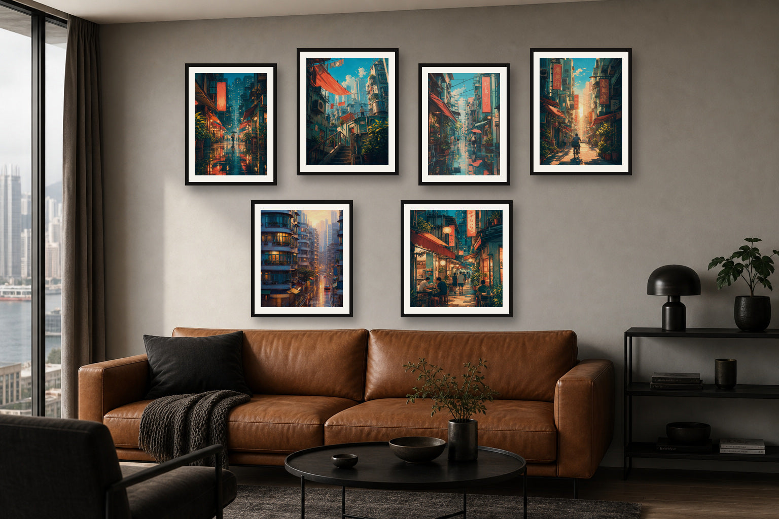 Hong Kong Apartment Nights gallery wall room mockup with framed Seji art prints
